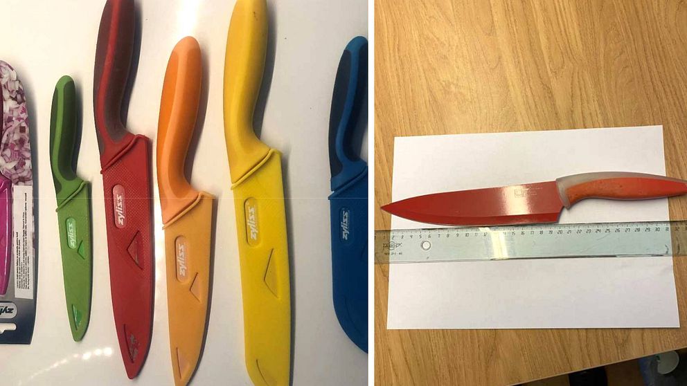Knivar i olika färger syns till höger i splitbilden medan en orange kniv ligger bredvid en linjal till vänster. Bilderna är tagna ur en förundersökning.