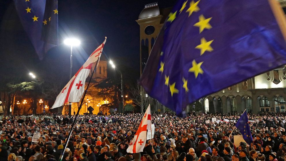 Flera demonstranter syns i ett folkhav, med georgiska och EU:s flaggor.