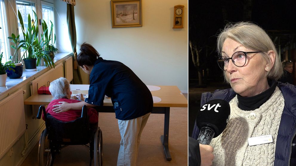 Genrebild på ett vårdbiträde som hjälper en äldre kvinna i rullstol med sin mat, porträttbild på Gunvor Juhlin-Danfelt som intervjuas.