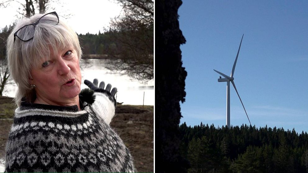 Ett montage med en bild på en kvinna som pekar mot sjön och en bild på ett vindkraftverk i Tranemo kommun.
