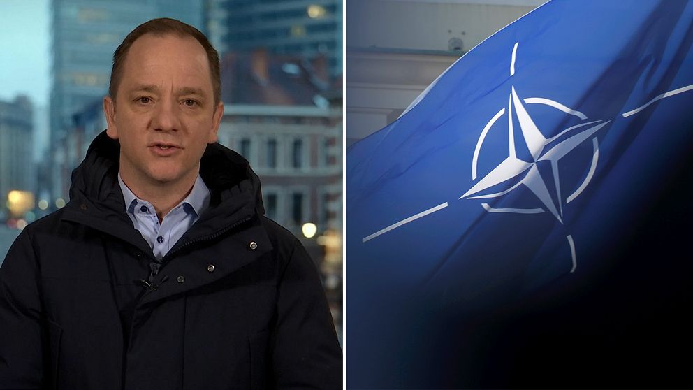 SVT:s Europakorrespondent till vänster. Till höger Natos flagga.