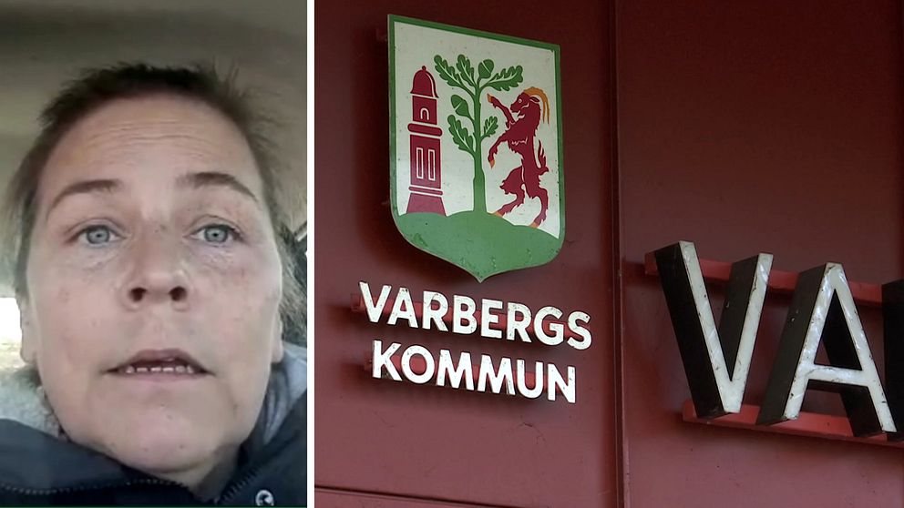 Dubblebild: Närbild på kvinna samt Varbergs vapen på röd husvägg