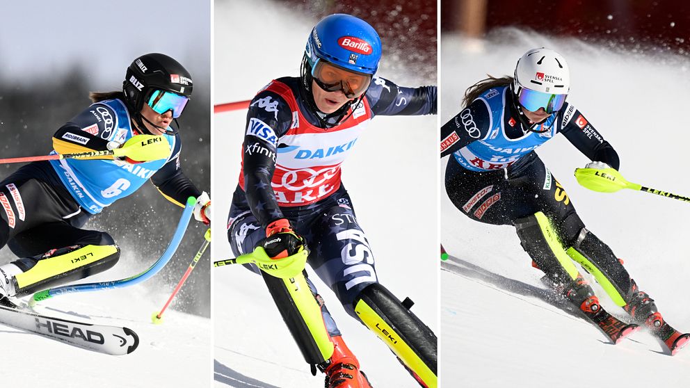 Anna Swenn Larsson och Hanna Aronsson Elfmann skuggar Mikaela Shiffrin efter första slalomåket.