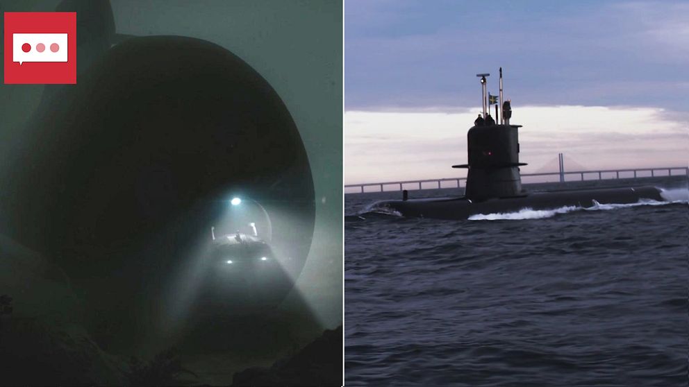 Till väsnter: i den helt nya klassen ”Blekinge”. Dessa är utrustade med en  sluss mellan torpedtuberna och levereras 2027. Till höger: En ubåt är ovanför vattenytan framför Öresundsbron.