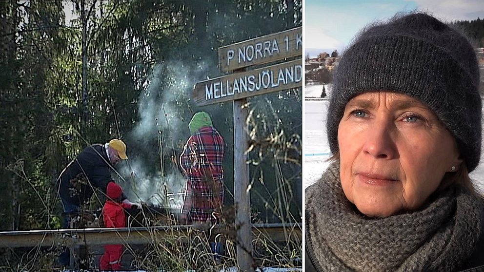 Två vuxna och ett barn står intill en eldstad som är placerad i skogen i ett naturreservat.