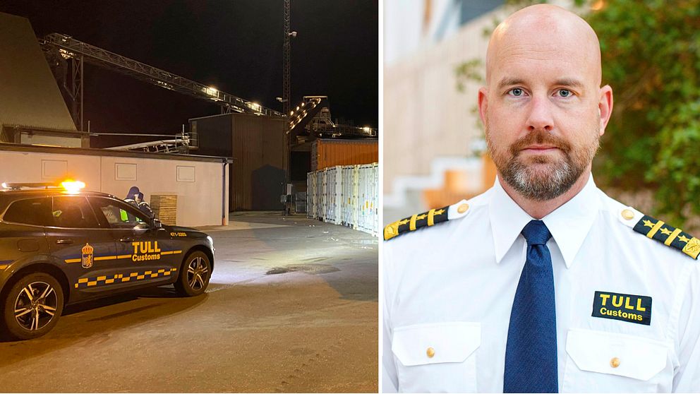Bild på Helsingborgs hamn, tullbil, containrar, natt, kranar, Oscar Lindvall biträdande enhetschef på Tullverket syd