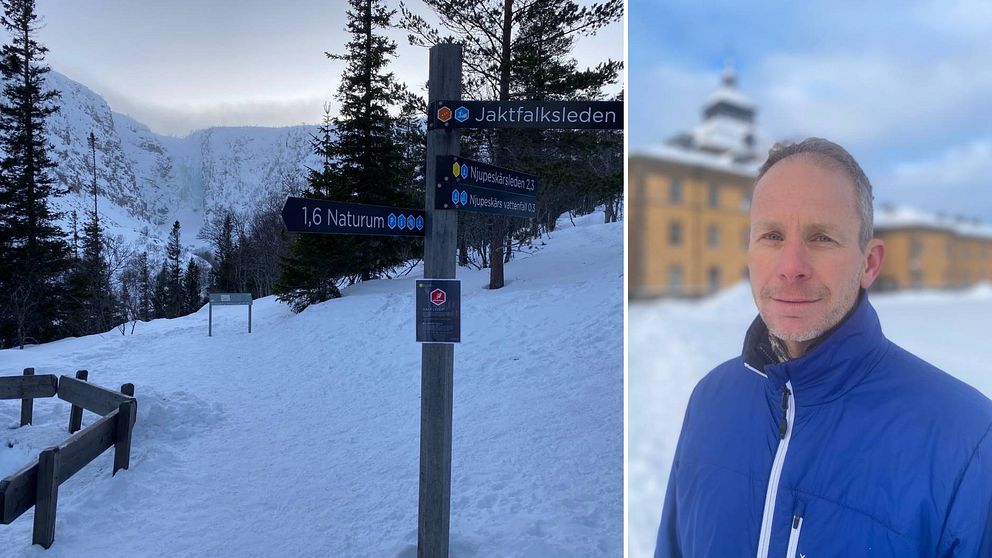 Delad bild, med dels en bild på ett fruset vattenfall i Fulufjällets nationalpark med skyltar i förgrunden. Den andra bilden en man i blå jacka.