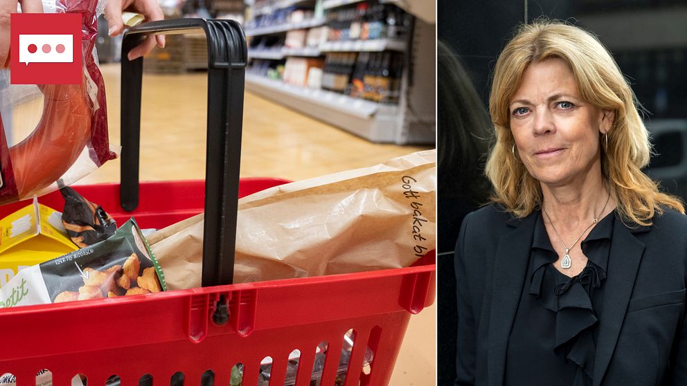 Bild på varukorg fylld med matvaror och bild på en kvinnan, som heter Karin Brynell och är vd för Svensk Dagligvaruhandel.