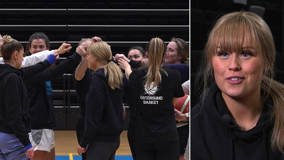 Östersund baskets tränare, Alva Stark, står tillsammans med resten av laget ute på planen i Östersunds sporthall.