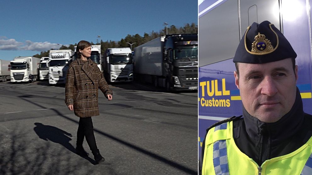 Till vänster Cecilia Nilsson som går på en parkering med lastbilar, till höger en Tulltjänsteman iförd tullkläder.