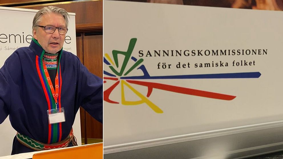 Till vänster sametingsledamoten Anders Kråik, till höger sanningskommissionens logga.