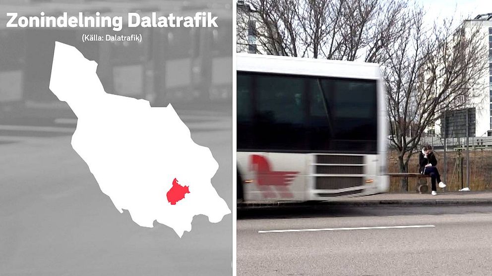 En bild på en karta och en på en buss i Dalarna.