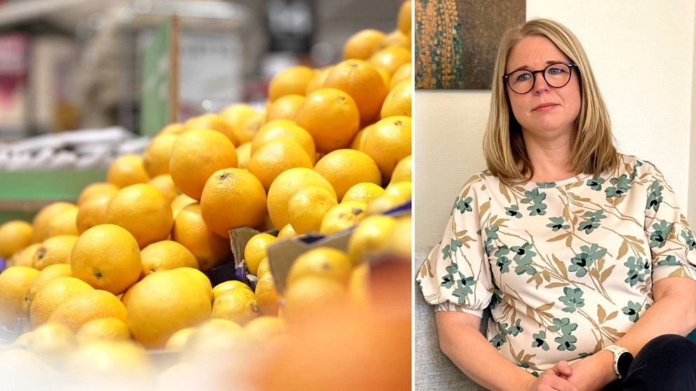 Till vänster: citroner i en matbutik. Till höger: Marita Sturesson, budgetrådgivare i Klippans kommun.