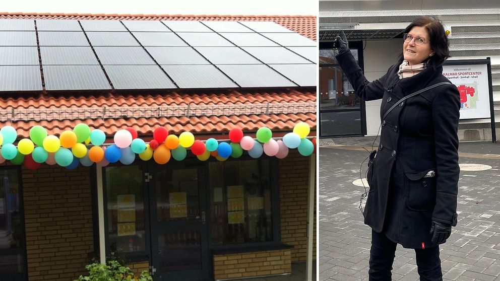 Gunilla Svensson är verksamhetschef på Kalmar kommun, på bilden synd hon på bild bredvid ett fotografi på byggnad med solceller på taket.