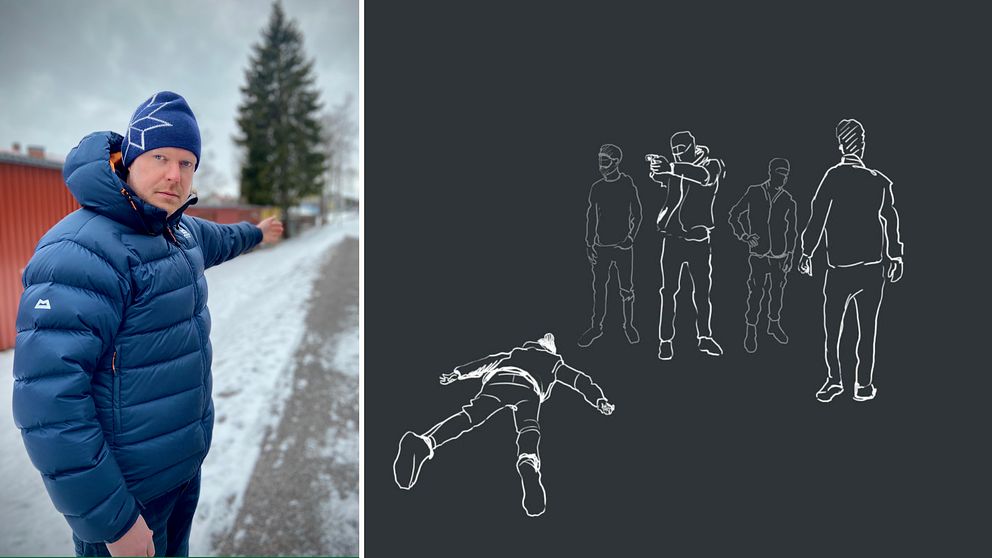 I bild till vänster: en man i toppluva och täckjacka pekar längs en cykelväg. Till höger: en illustration som visar en man som håller i en pistol, en man ligger på marken och tre andra personer står och tittar på.