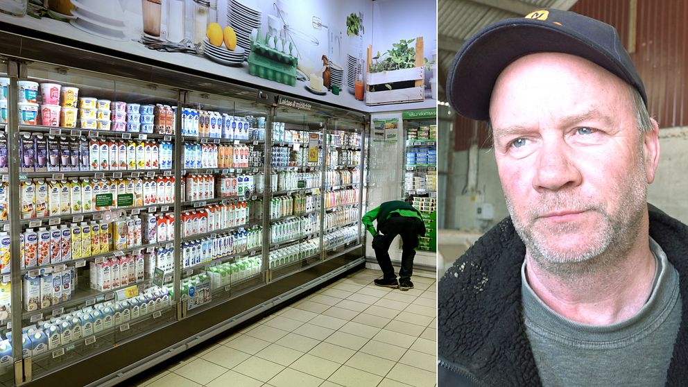 Till vänster: Bild på mejerigyllor i mataffär. Till höger bild på Göran Olofsson i keps, han han en allvarssam min.