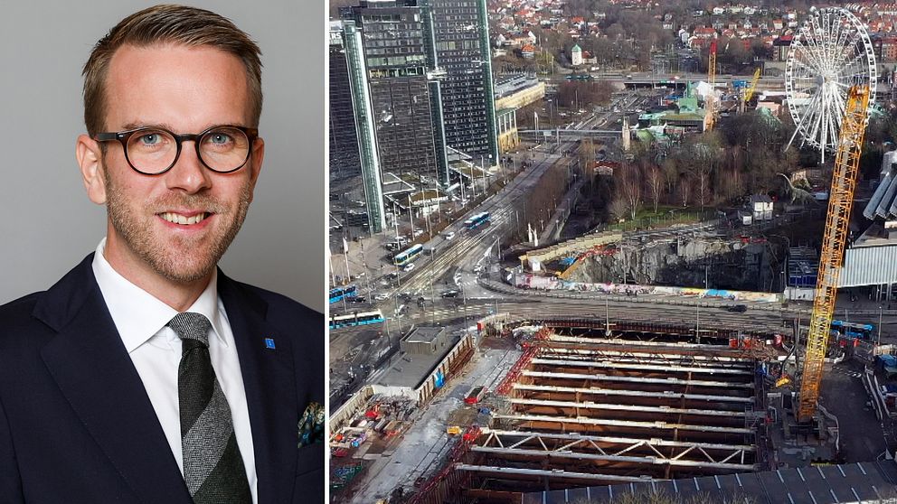 infrastruktur- och bostadsminister Andreas Carlson (KD) tittar in i kameran. Till höger i bild ser man Västlänken korsvägen.