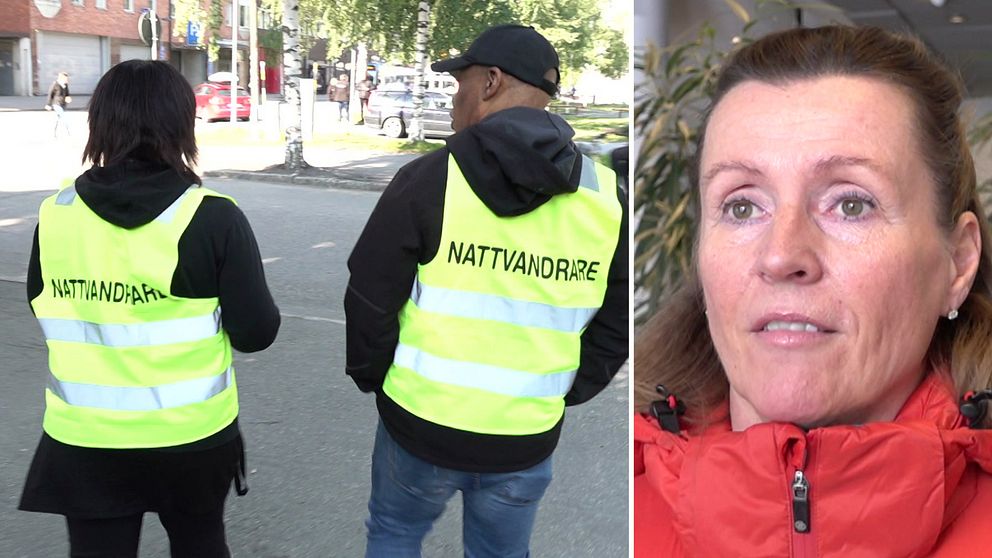 Två bilder: till vänster står två vuxna, en kvinna och en man, med ryggen mot kameran. De bär gula västar som det står Nattvandrare på. Till höger porträtt på en kvinna med röd jacka och uppsatt hår.