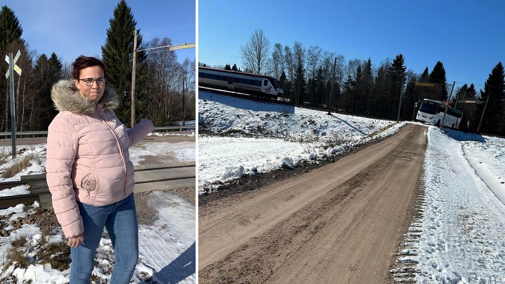 Kvinna i rosa jacka som pekar på övergången, till höger bilden på bussen som står på rälsen med tåget intill.