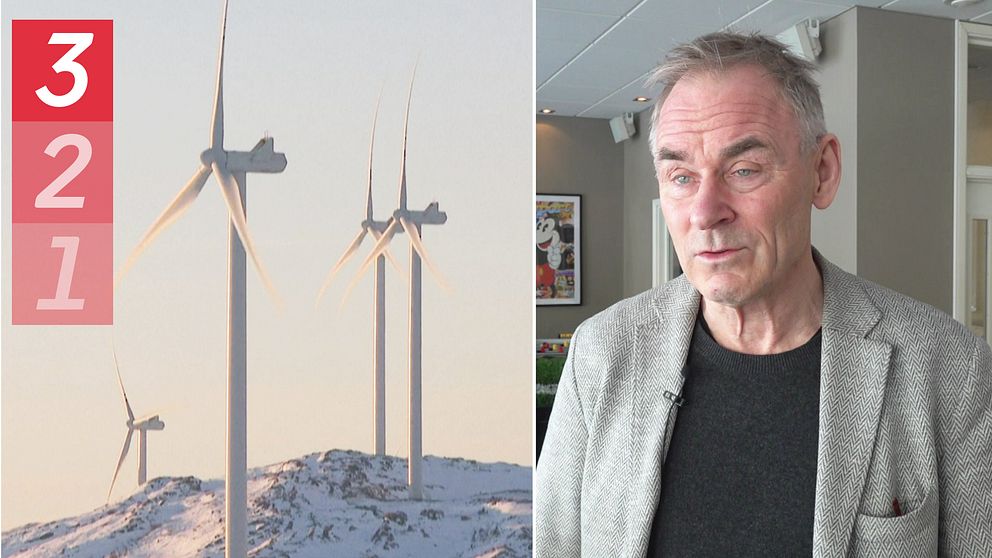 Delad bild: vindsnurror på en snöig topp, samt Sverker Sörlin – en medelåldersman med grått hår och kavaj