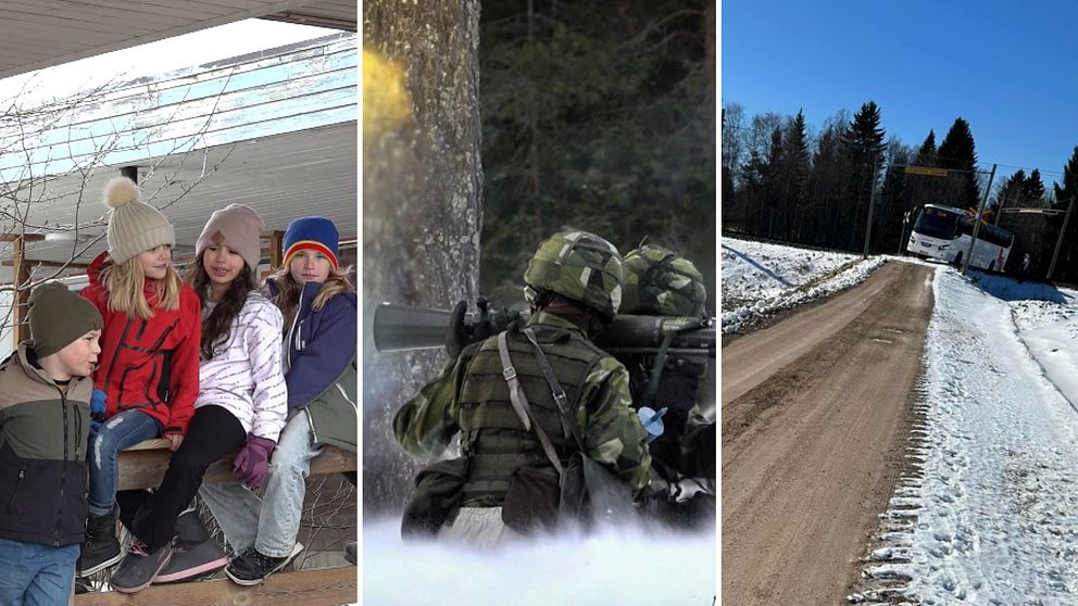 barn som sitter på ett staket, militärer med vapen i en övning och en buss som är på en järnvägsövergång.