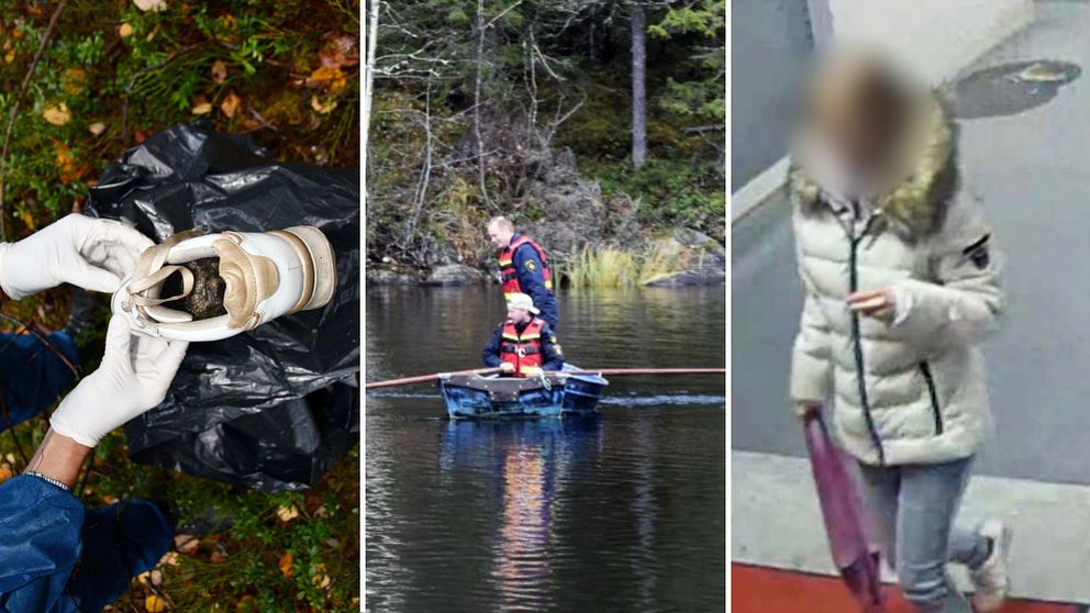 Mordet på Liselotte: Bild 1. Polisen hittar Liselottes sko nedsänkt i sjön vid 46-åringens stuga utanför Kramfors. Bild 2. Polisen genomför en stor sökinsats vid sjön, bland annat med båt där det är två poliser i. Bild 3. Liselotte handlar på Coop i Timrå bara timmar innan hon försvinner.