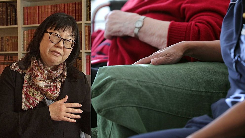 Tvådelad bild: Överläkare Madelene Johanzon och personer i en väntsal.