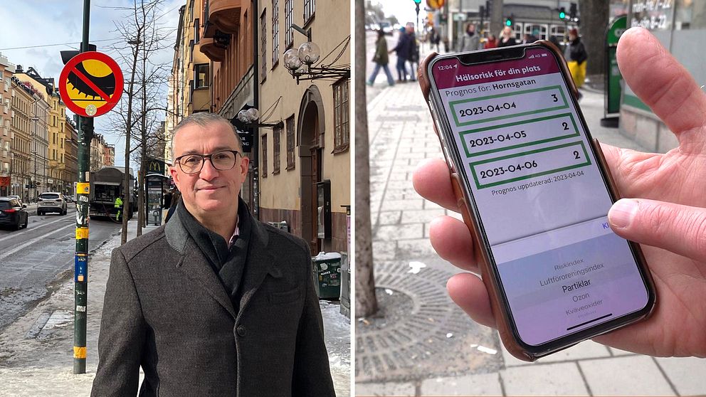 Saki Carapanos, mäklare, står till vänster. Han står på Hornsgatan, bilar i bakgrunden. Till höger en närbild på en mobiltelefon där Stockholms stads nya app Luft Stockholm är öppnad.