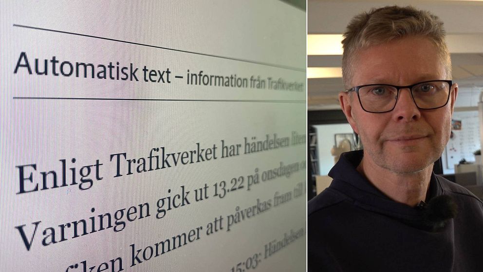 Tvådelad bild: En skärm som visar en AI-skriven text om en trafikolycka och Hallands Nyheters Ulf Niklasson.
