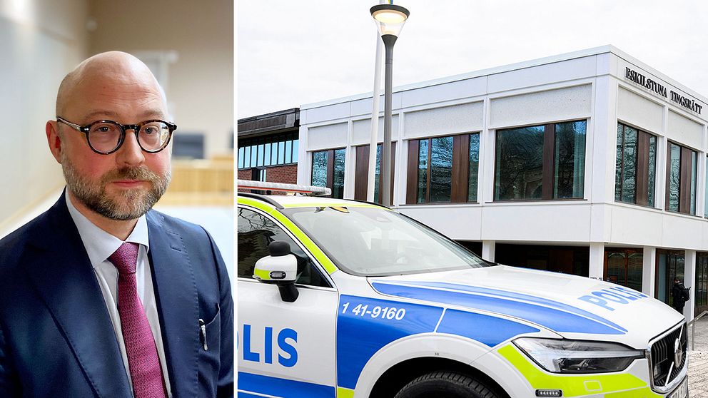 Till vänster: kammaråklagare Lars Hedvall. Till höger: Eskilstuna tingsrätt. En polisbil står parkerad utanför.