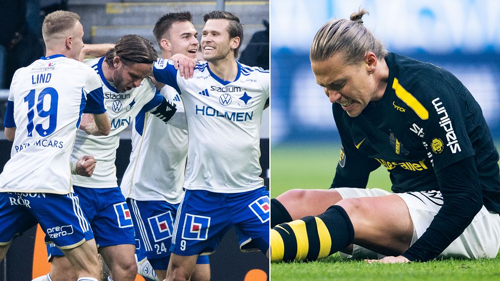IFK Norrköpings Christoffer Nyman jublar, medan Viktor Fischer i AIK deppar.