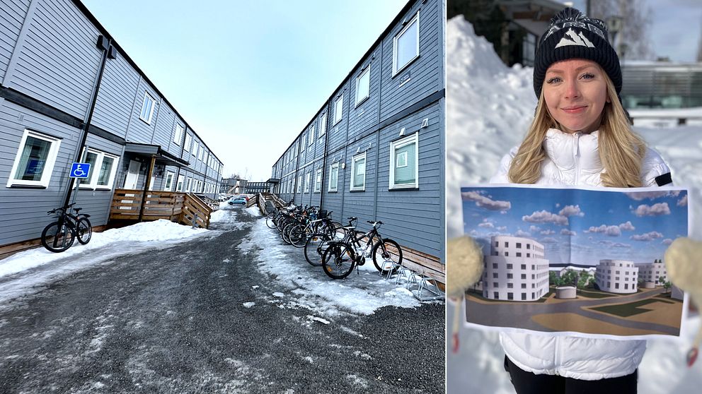 Till vänster: Modulhus i Skellefteå som just nu utgör studentbostäder. Till höger: Studenten Emelie Hassel håller upp ett utskrivet papper med en bild som visar hur det är tänkt att de framtida studentbostäderna ska se ut.