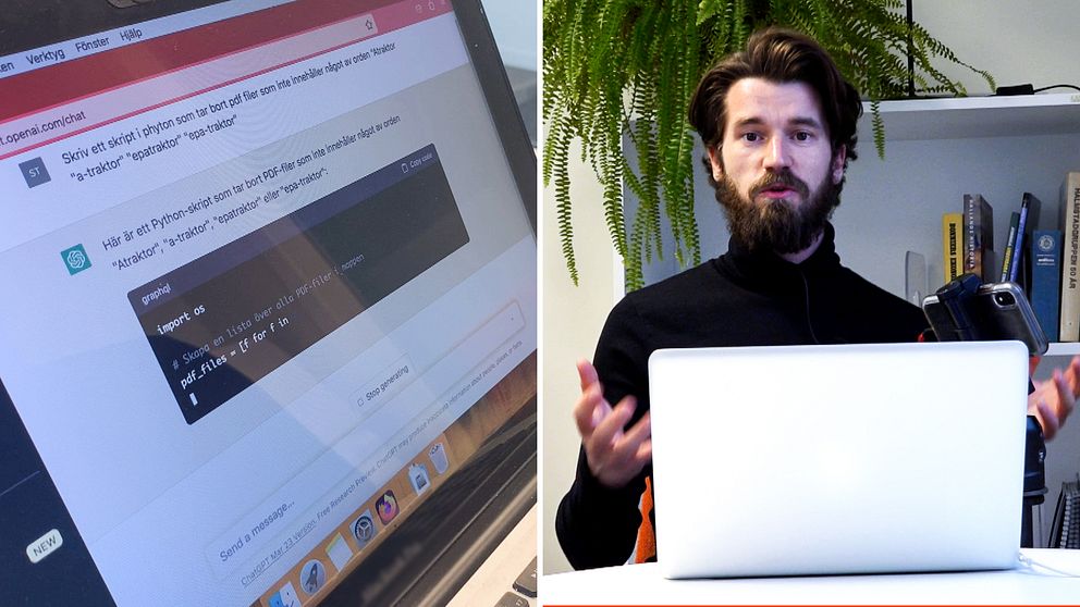 Till vänster en datorskärm med ett AI-verktyg öppet, till höger reportern Daniel Strömbäck som står bakom en laptop.