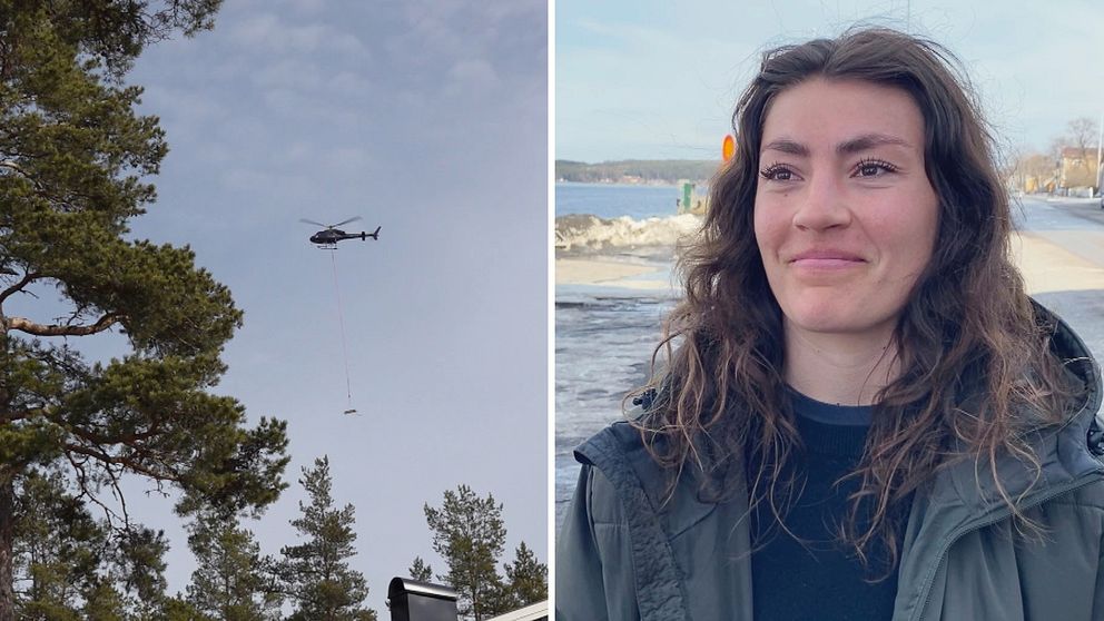 Till vänster ser man virket som lyfts av en helikopter och till höger ser man Hanna Krämer med ett leende på läpparna.