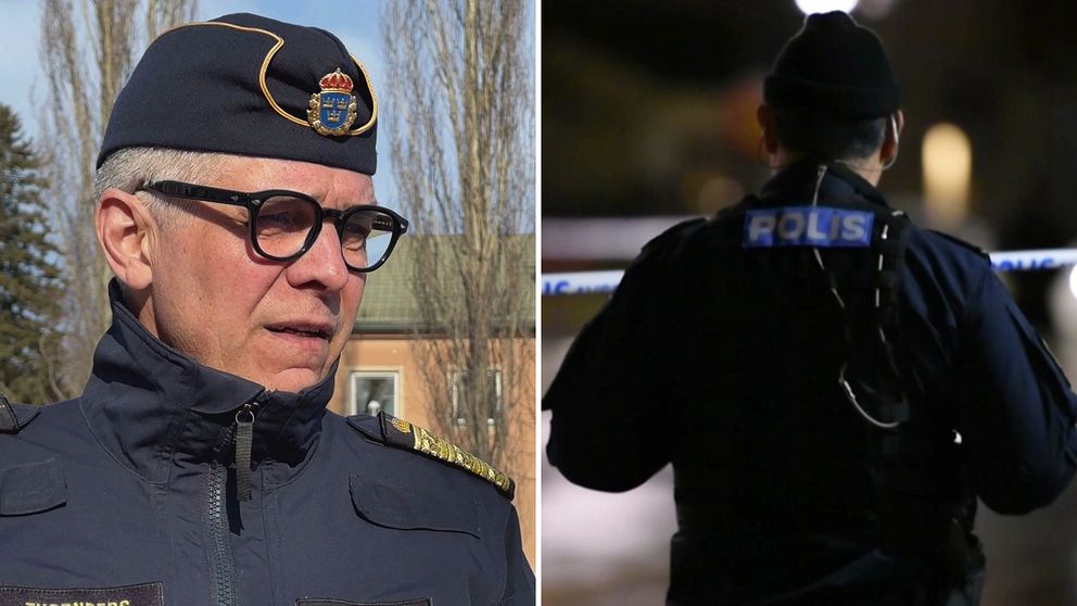 Rikspolischef Anders Thornberg / polis fotograferad utomhus i mörkret bakifrån.