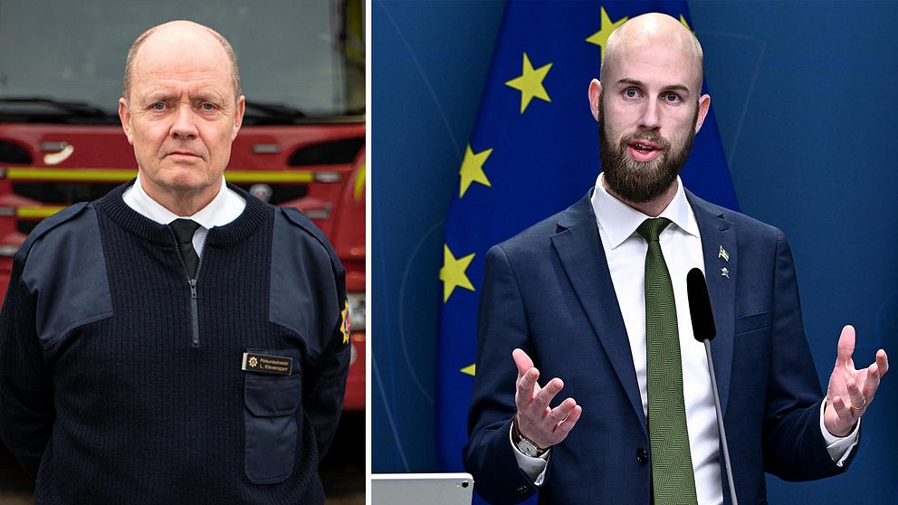 Pressbilder på två tunnhåriga män. TIll vänster Lars Klevensparr iklädd uniform för räddningstjänsten. TIll höger: Ministern för civilt försvar, Carl-Oscar Bohlin, från en presskonferens. EU-flaggan syns i bakgrunden.