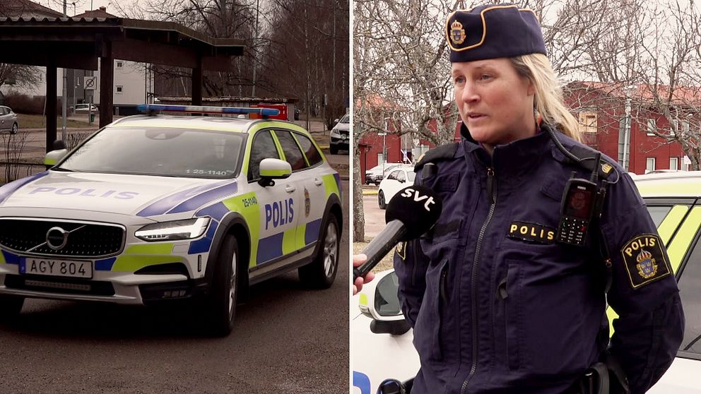 en polisbil och en kvinnlig polis som blir intervjuad