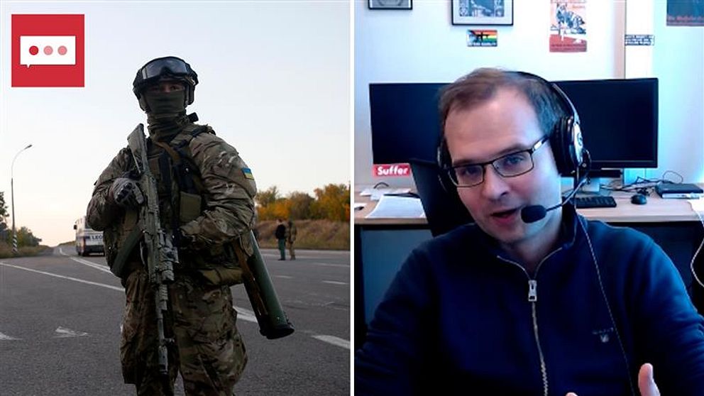 I bilden till vänster: Ukrainsk soldat står vid vägkanten och håller i ett automatvapen. I bilden till höger: Forskaren Kacper Rekawek