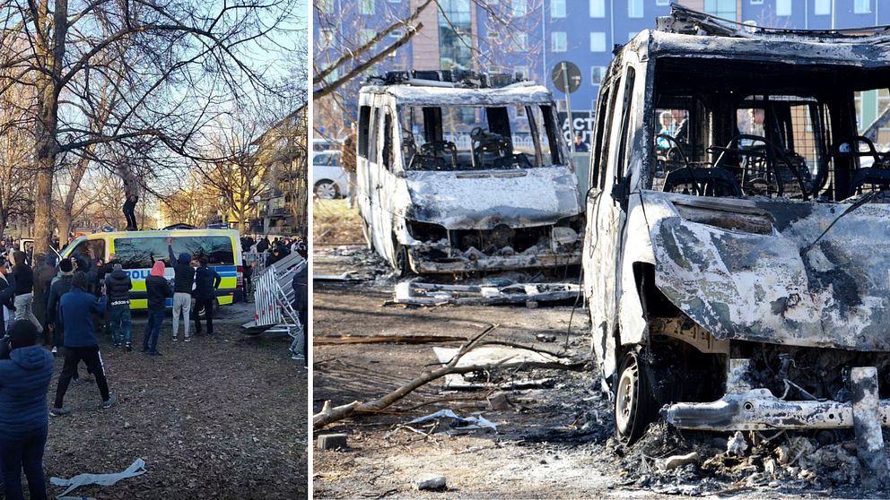 Man på polisbuss och maskerad folksamling i en park