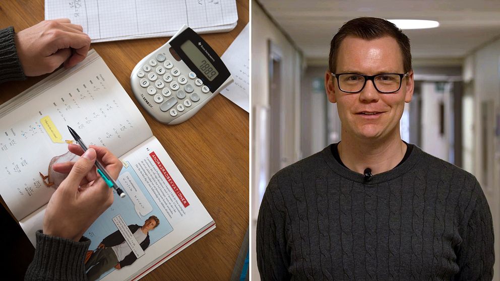 En kollagebild med en man i glasögon till höger som ler lite mot kameran och till vänster en genrebild på en mattebok och någon som försöker räkna ut något på en miniräknare