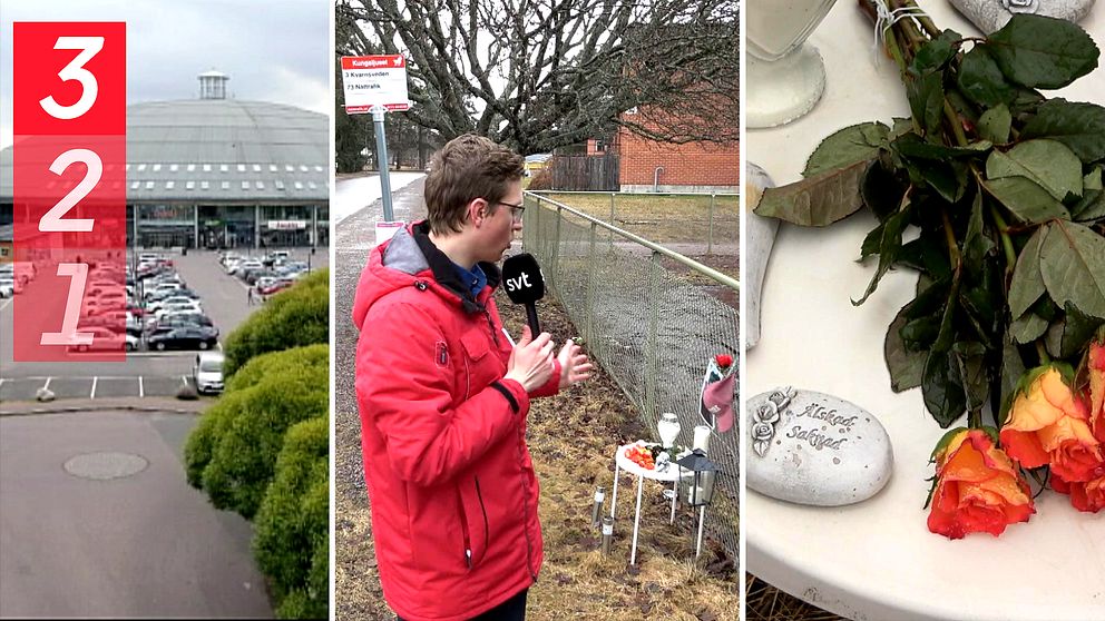 Drönarbild över Kupolen i Borlänge, reportern som står och visar på ett minnesbord vid Kungsljuset i Kvarnsveden.