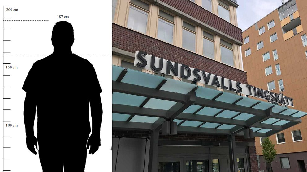 Till vänster ser man en tecknad bild på 46-åringens siluett. Man kan läsa av bilden att mannen är 187 cm lång. Bilden är ett montage och till höger i bild ser man Sundsvalls tingsrätt.