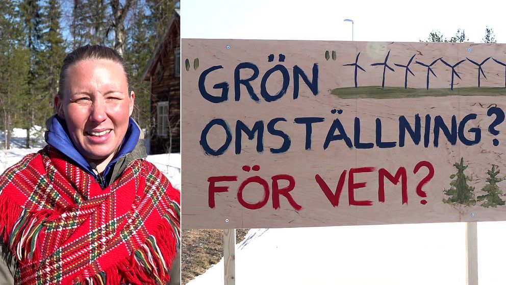 Aktivisten Ina Omma och en skylt med texten ”Grön omställning? För vem?”