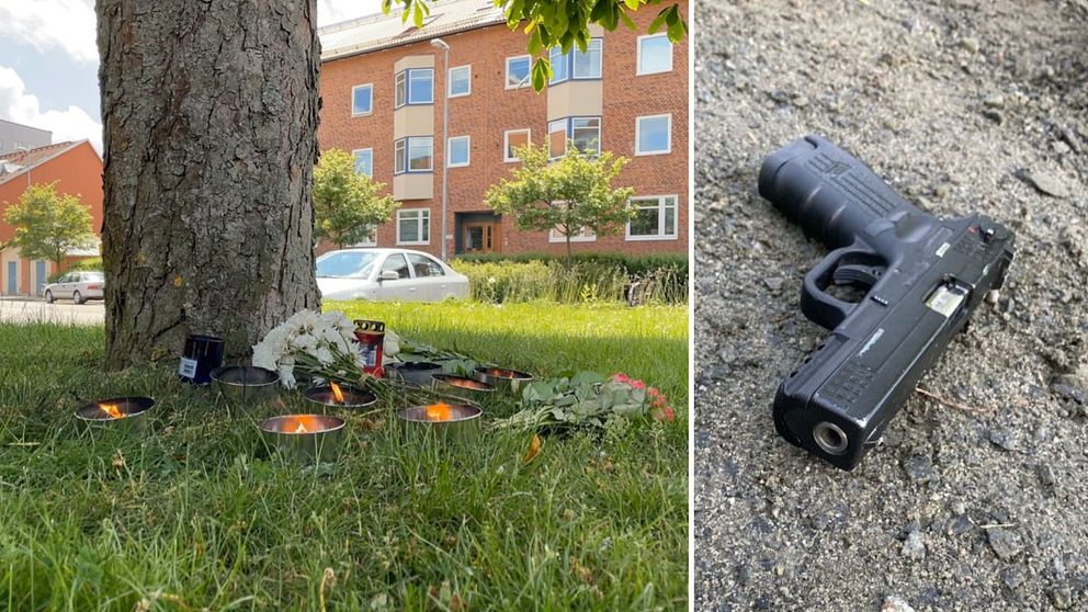 Bild på ljus som tänts vid mordplatsen dagen efter mordet och bild på vapnet som 16-åringen bar när han greps