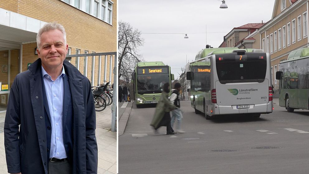 Montage av två bilder. Den ena visar Per Welander, trafikdirektör för Länstrafiken i Kronoberg. Den andre bilden visar stadsbussar i Växjö.