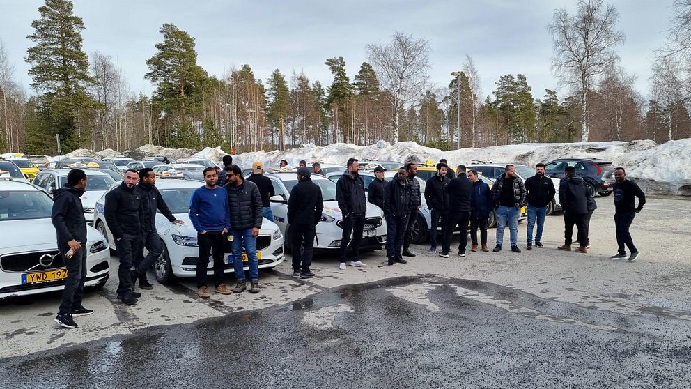 Flera rader med taxibilar på en parkeringsplats i Umeå. Framför bilarna står ett 20-tal taxichaufförer uppradade.