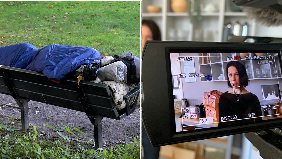 Delad bild. Till vänter: En hemlös person som sover på en bänk. Till höger: En kameraskärm där en kvinna syns.