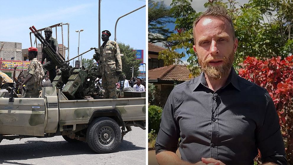 Bild på militär som åker bil med stort vapen, bredvid bild på SVT:s Afrikakorrespondent Johan Ripås.
