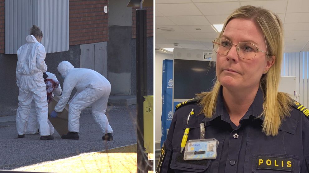 Till vänster syns tekniker som arbetar på den misstänkta brottsplatsen. En av teknikerna håller i en blodig tröja. Till höger syns Josefine Perming Tengqvist, hon har sin polisuniform på sig och står inomhus. Hon har glasögon på sig.