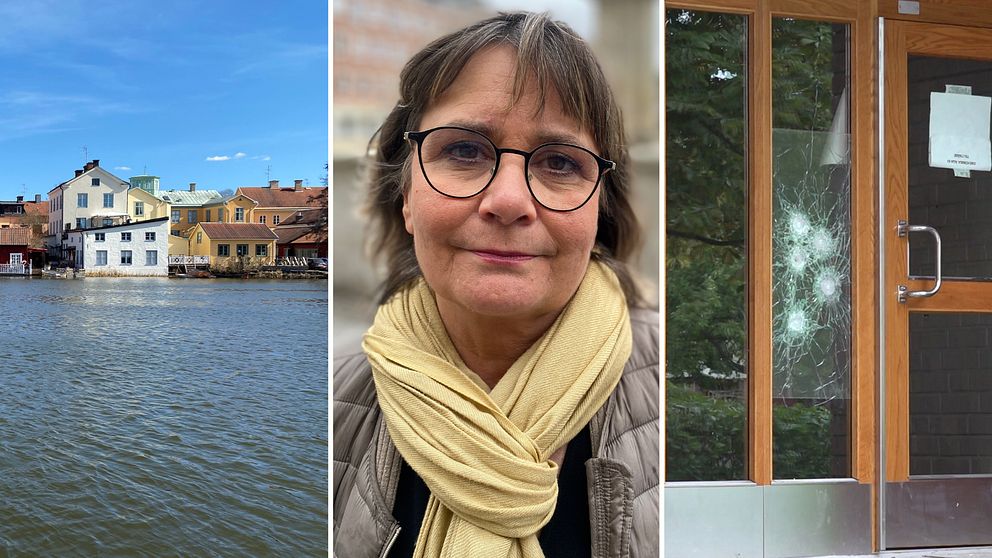 Bilden är delad i tre mindre bilder. Den vänstra bilden är en bild på hus i Gamla staden i Eskilstuna som ligger intill Eskilstuna ån. Den högra bilden är en bild på en port med skottskador. Bilden i mitten är en bild på Eskilstuna kommuns kommunikationsdirektör Eva Norberg.